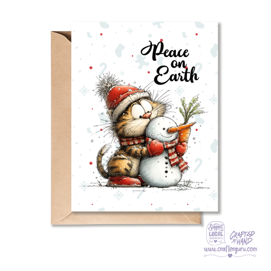 Cute Christmas Card – Peace on Earth Cat & Snowman Edition- CRD-CH-007