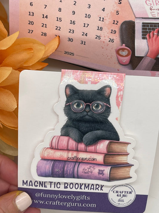 Black Cat with Glasses Magnetic Bookmark – Handmade & Laminated Book Lover Gift