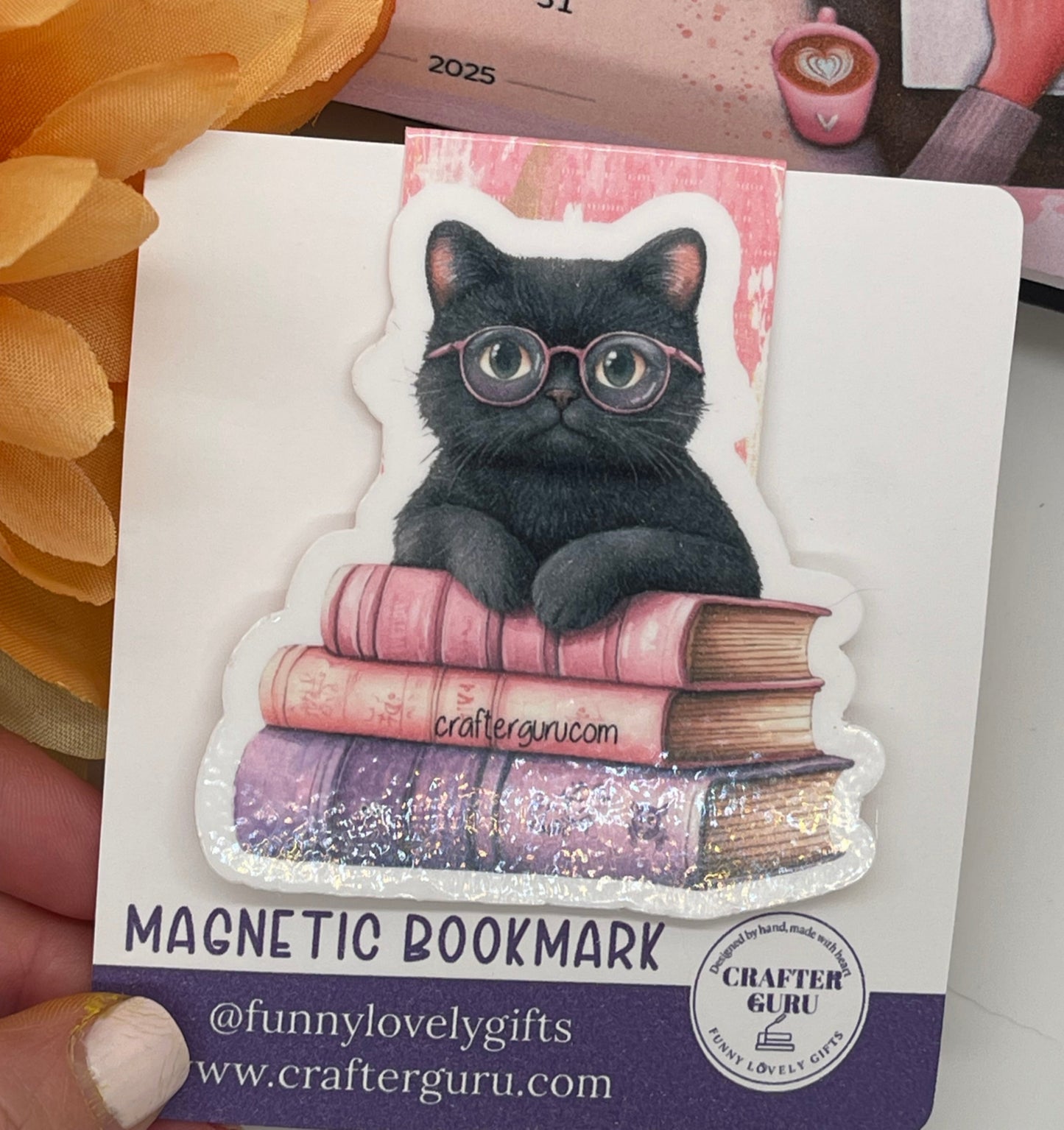 Black Cat with Glasses Magnetic Bookmark – Handmade & Laminated Book Lover Gift