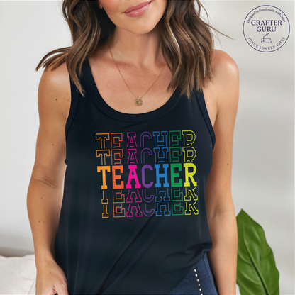 Retro Rainbow Teacher  – Cute Colorful Tee for Educators  ( Ladies RACERBACK TANK )