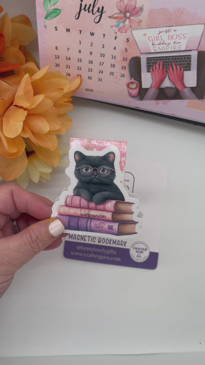 Black Cat with Glasses Magnetic Bookmark – Handmade & Laminated Book Lover Gift