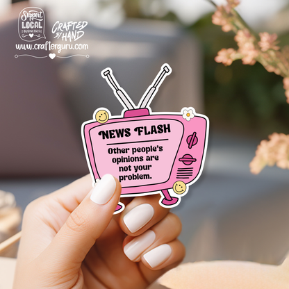 News Flash Retro TV Sticker | Mental Health Quote Decal | Funny Positivity Vinyl Sticker | Aesthetic Pink Laptop Decal | STK-015