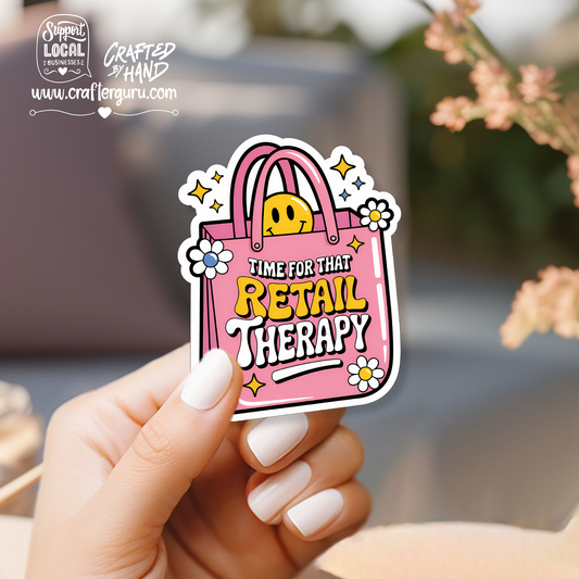 Time for That Retail Therapy Sticker | Funny Shopping Bag Decal | Aesthetic Pink Vinyl Sticker | Groovy Smiley Face Gift | STK-016