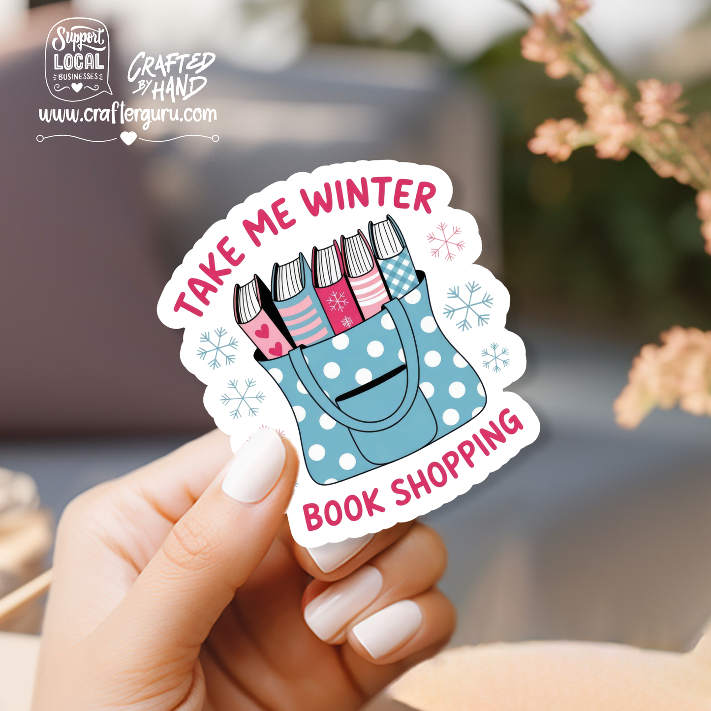 Take Me Winter Book Shopping Sticker | Cozy Reader Vinyl Decal | Winter Aesthetic Book Bag Sticker | Gift for Book Lovers | STK-020