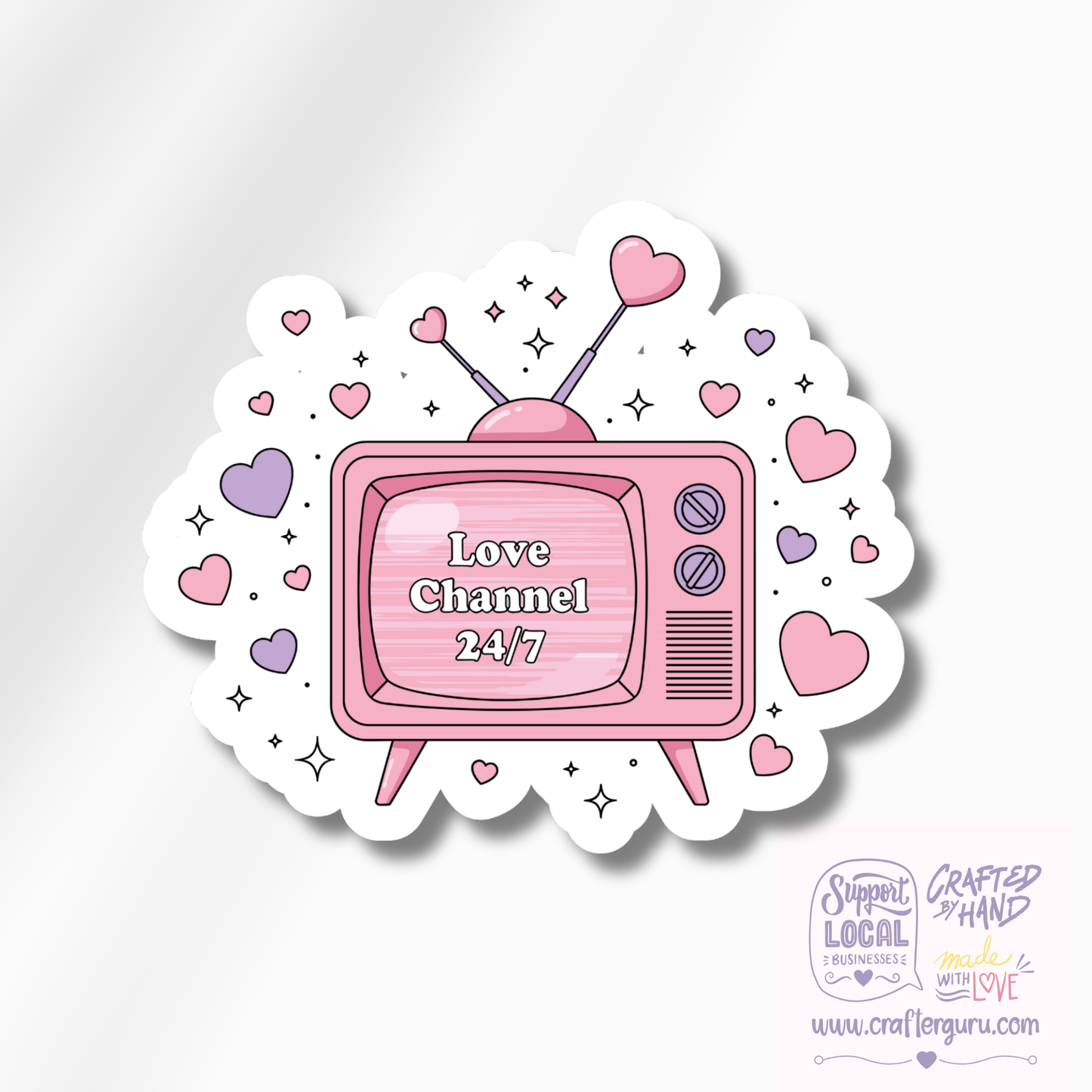 Love Channel 24/7 Retro TV Sticker | Romantic Aesthetic Vinyl Decal | Pink Heart Laptop Sticker | Valentine’s Day Gift | STK-025